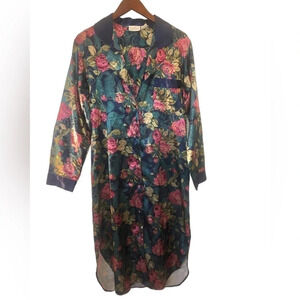 Vintage 90s floral button down satin pajama shirt night gown feminine nightie